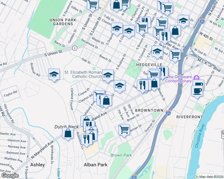 map of restaurants, bars, coffee shops, grocery stores, and more near 904 South Rodney Street in Wilmington