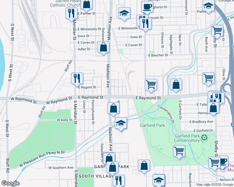 map of restaurants, bars, coffee shops, grocery stores, and more near 2153 Madison Avenue in Indianapolis