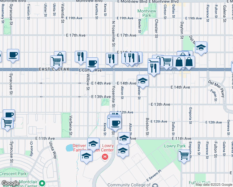map of restaurants, bars, coffee shops, grocery stores, and more near 1388 Yosemite Street in Denver