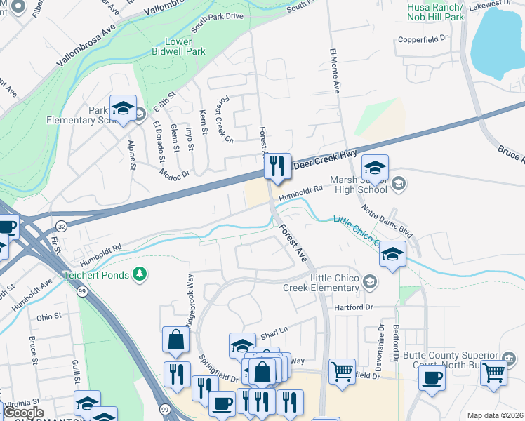map of restaurants, bars, coffee shops, grocery stores, and more near in Chico