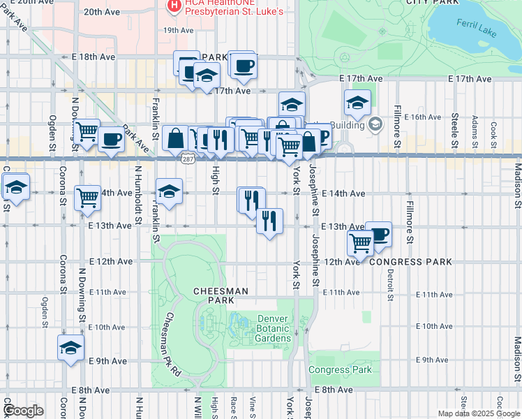map of restaurants, bars, coffee shops, grocery stores, and more near in Denver