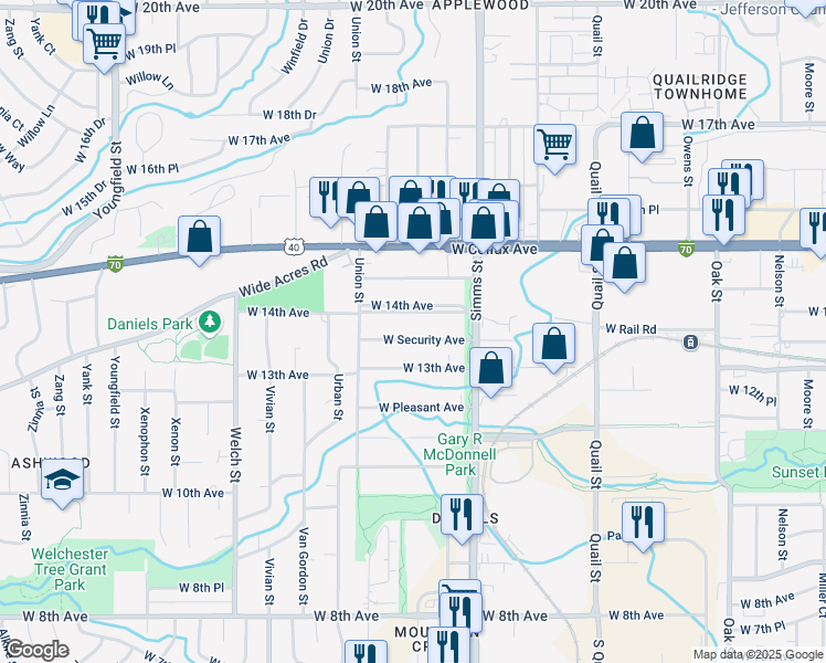 map of restaurants, bars, coffee shops, grocery stores, and more near 11770 West 14th Avenue in Lakewood