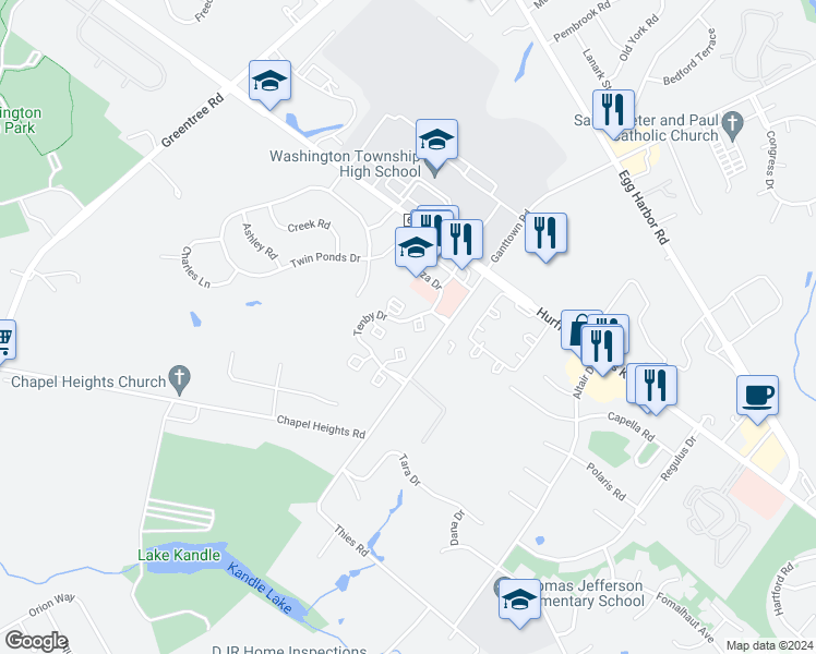 map of restaurants, bars, coffee shops, grocery stores, and more near 19 Chelsea Court in Washington Township