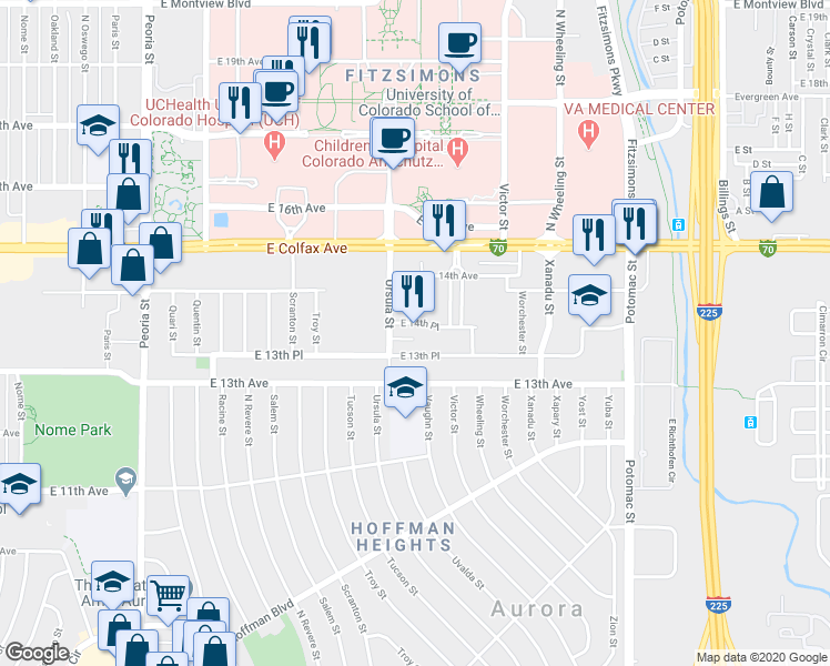 map of restaurants, bars, coffee shops, grocery stores, and more near 13142 East 14th Place in Aurora