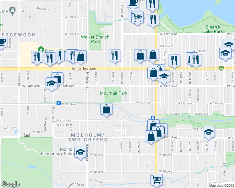 map of restaurants, bars, coffee shops, grocery stores, and more near 1395 Depew St in Lakewood
