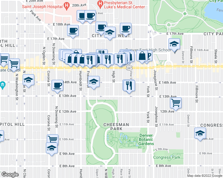 map of restaurants, bars, coffee shops, grocery stores, and more near 1368 North Williams Street in Denver