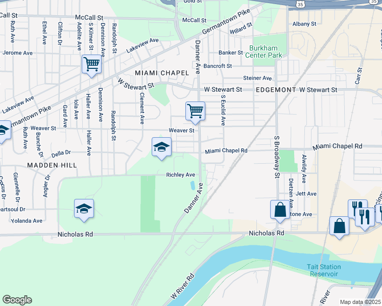 map of restaurants, bars, coffee shops, grocery stores, and more near 1630 Miami Chapel Road in Dayton
