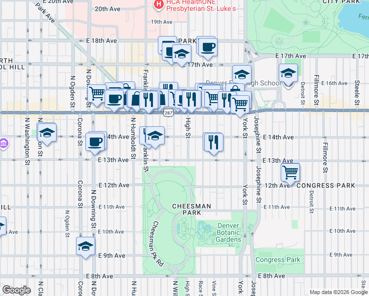 map of restaurants, bars, coffee shops, grocery stores, and more near in Denver
