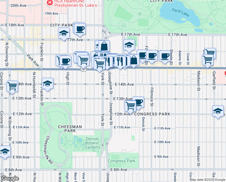map of restaurants, bars, coffee shops, grocery stores, and more near 1369 Columbine Street in Denver