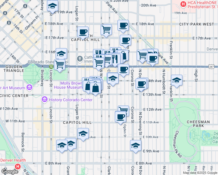 map of restaurants, bars, coffee shops, grocery stores, and more near 1350 North Clarkson street in Denver
