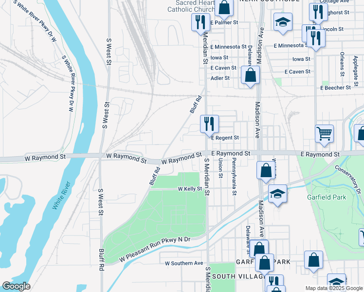 map of restaurants, bars, coffee shops, grocery stores, and more near 131 West Regent Street in Indianapolis
