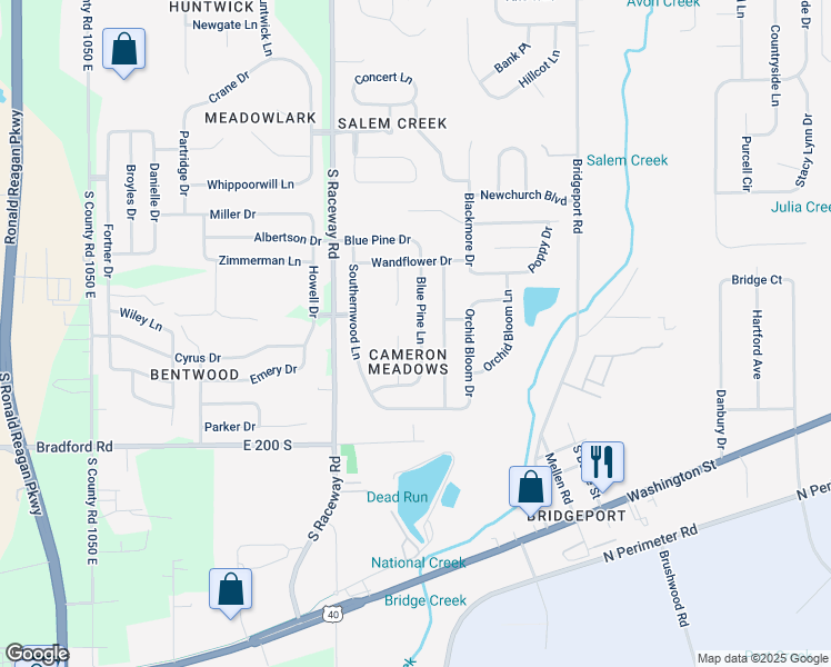map of restaurants, bars, coffee shops, grocery stores, and more near 1936 Blue Pine Lane in Indianapolis