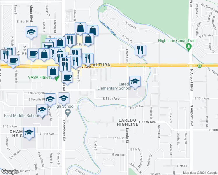 map of restaurants, bars, coffee shops, grocery stores, and more near 15899 East 13th Place in Aurora