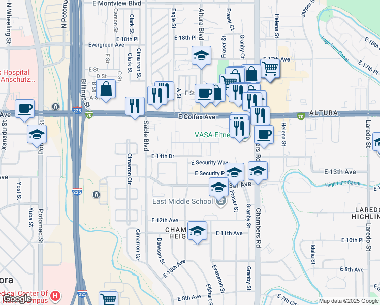 map of restaurants, bars, coffee shops, grocery stores, and more near 14753 East Security Way in Aurora