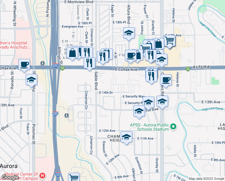 map of restaurants, bars, coffee shops, grocery stores, and more near 14665 East 13th Circle in Aurora