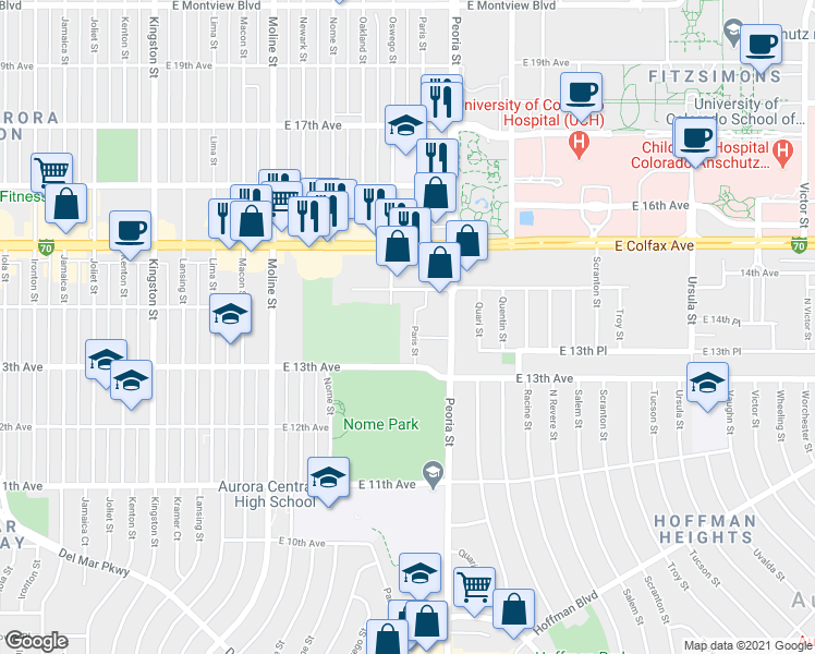 map of restaurants, bars, coffee shops, grocery stores, and more near 12005 East 13th Avenue in Aurora