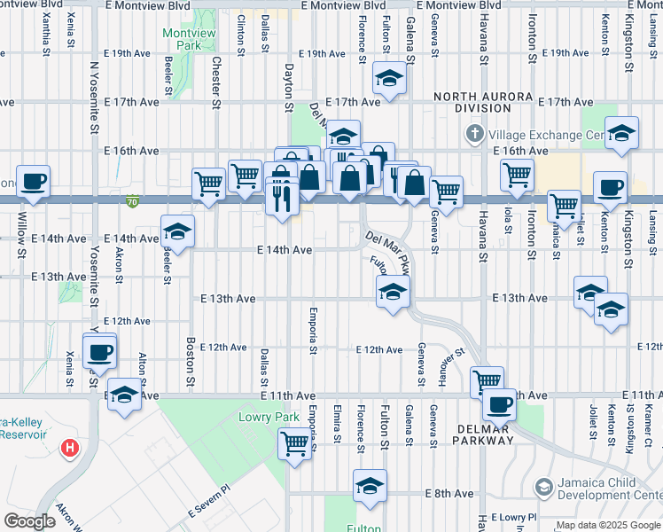 map of restaurants, bars, coffee shops, grocery stores, and more near 1364 Elmira Street in Aurora