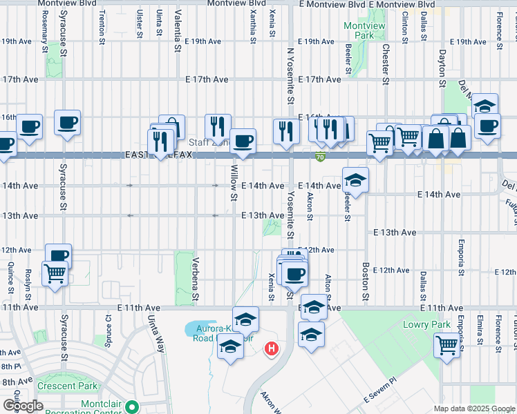 map of restaurants, bars, coffee shops, grocery stores, and more near 1270 Xenia Street in Denver