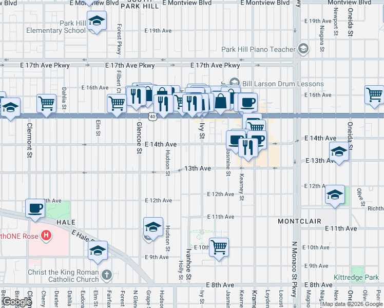 map of restaurants, bars, coffee shops, grocery stores, and more near 5600 East 14th Avenue in Denver