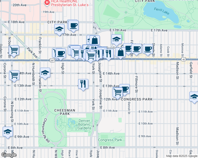 map of restaurants, bars, coffee shops, grocery stores, and more near 1364 York Street in Denver