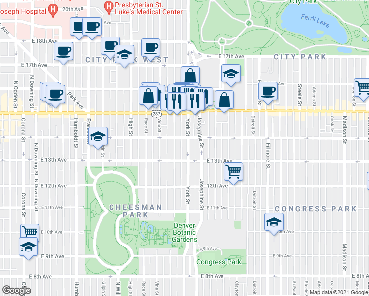 map of restaurants, bars, coffee shops, grocery stores, and more near 1364 York Street in Denver