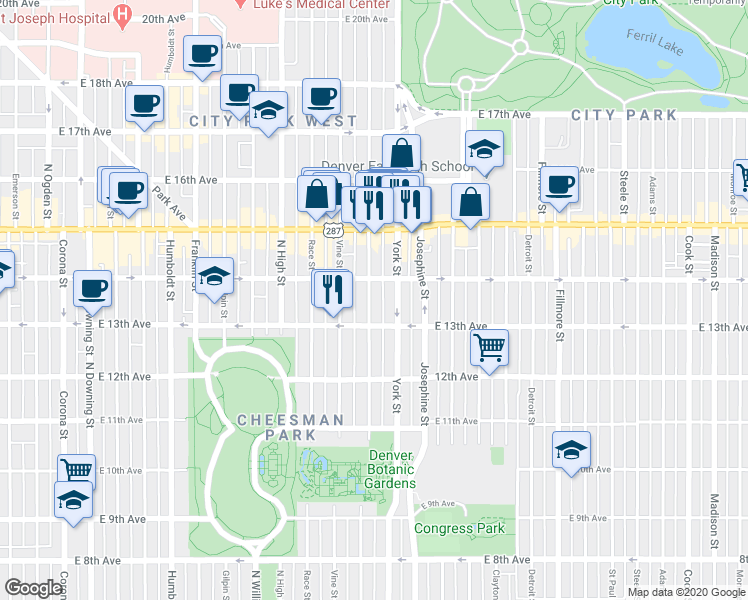 map of restaurants, bars, coffee shops, grocery stores, and more near in Denver