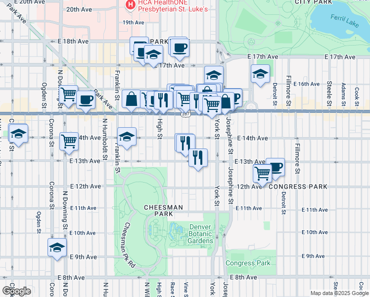 map of restaurants, bars, coffee shops, grocery stores, and more near in Denver