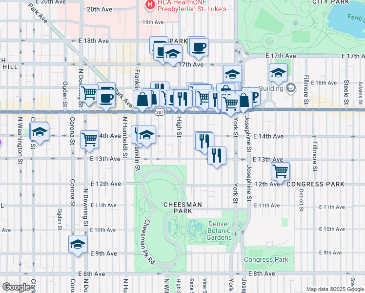 map of restaurants, bars, coffee shops, grocery stores, and more near 1922 East 14th Avenue in Denver