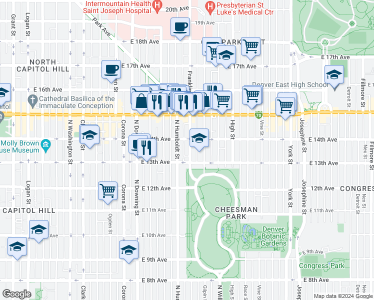 map of restaurants, bars, coffee shops, grocery stores, and more near 1328 Franklin Street in Denver