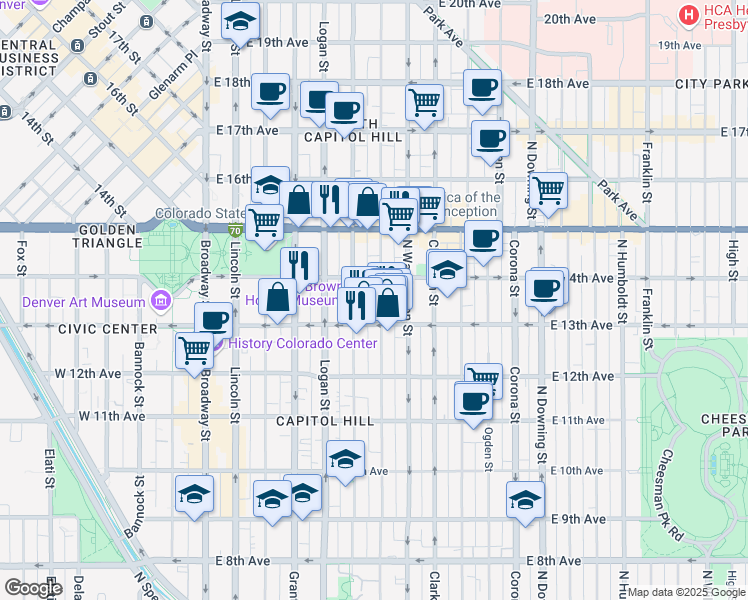 map of restaurants, bars, coffee shops, grocery stores, and more near 136 South Pennsylvania Street in Denver