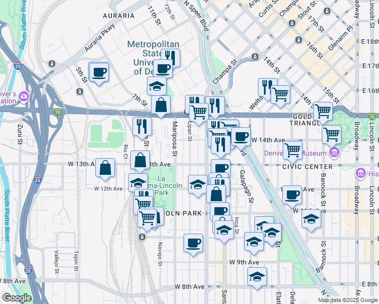 map of restaurants, bars, coffee shops, grocery stores, and more near in Denver