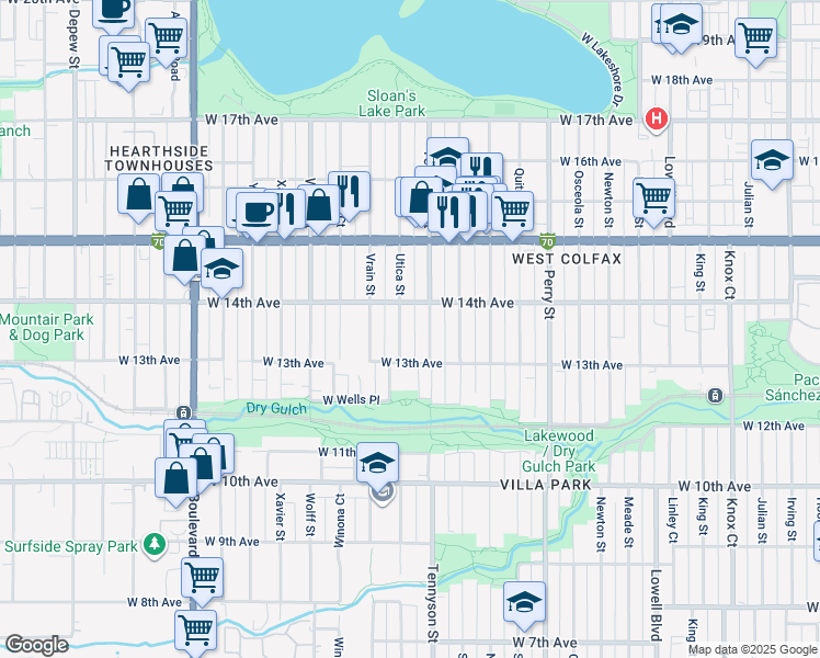 map of restaurants, bars, coffee shops, grocery stores, and more near 1368 Utica Street in Denver