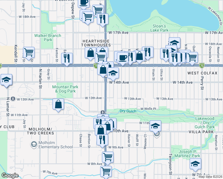 map of restaurants, bars, coffee shops, grocery stores, and more near 1375 Zenobia Street in Denver