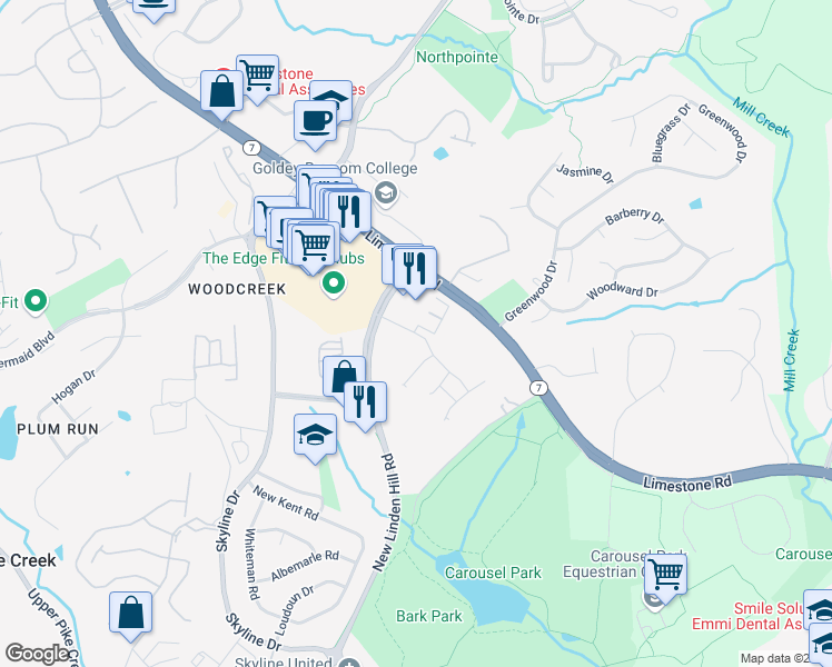 map of restaurants, bars, coffee shops, grocery stores, and more near 4500 New Linden Hill Road in Wilmington