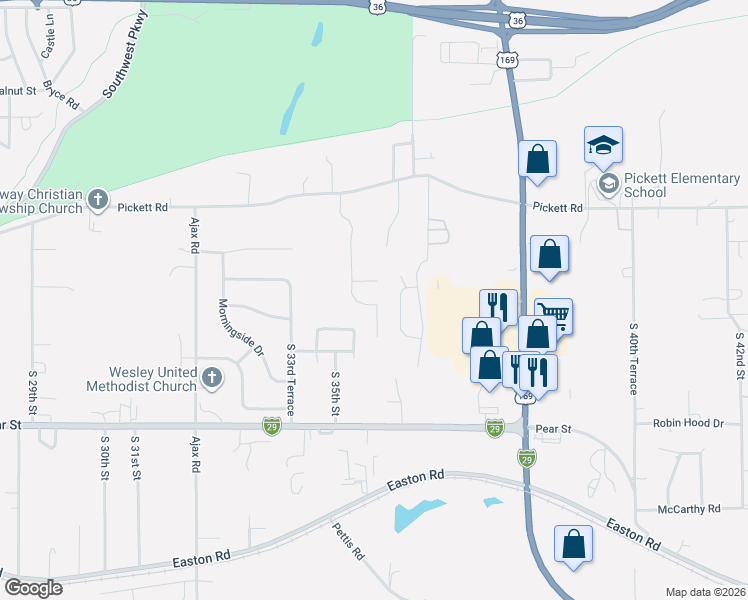 map of restaurants, bars, coffee shops, grocery stores, and more near 2715-3213 Coachlight Place in Saint Joseph