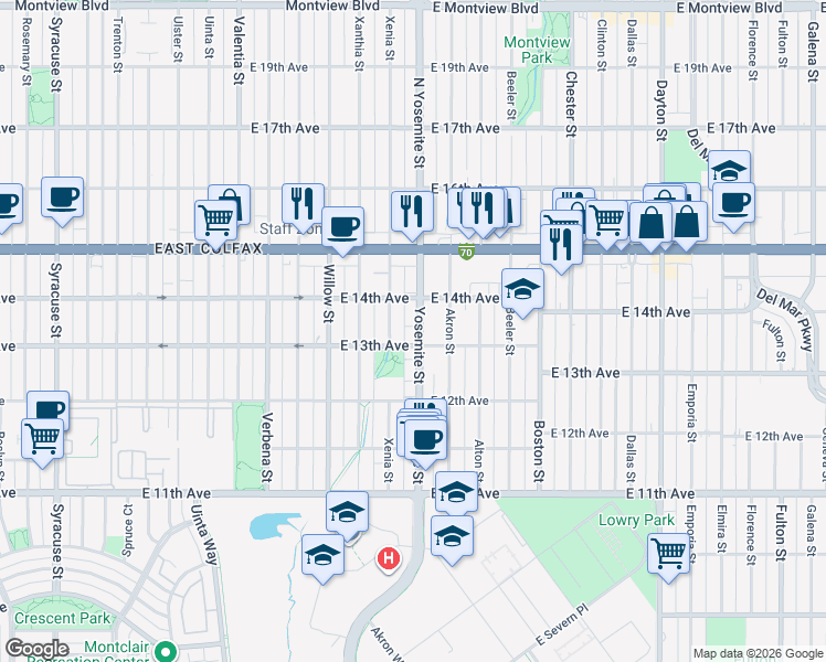 map of restaurants, bars, coffee shops, grocery stores, and more near 1388 Yosemite Street in Denver