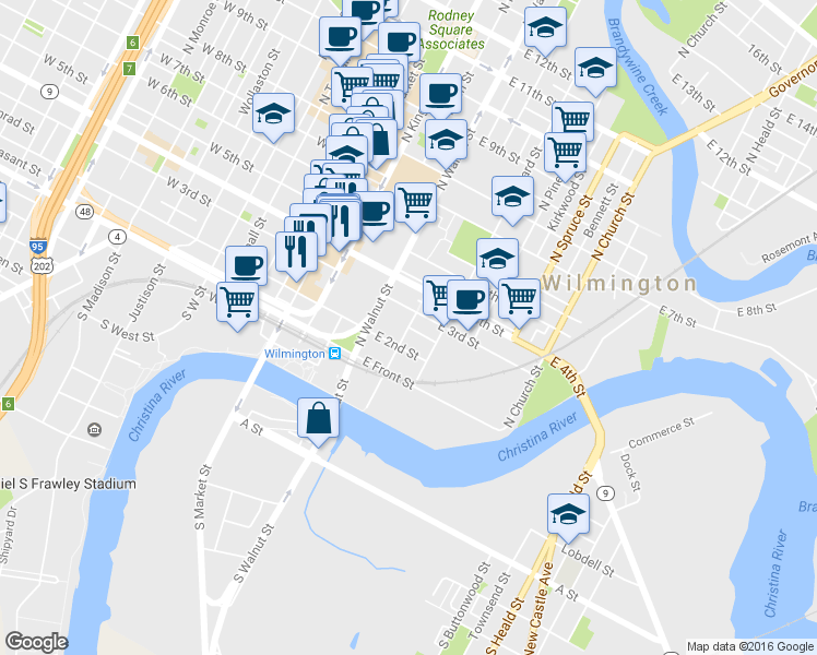 map of restaurants, bars, coffee shops, grocery stores, and more near Poplar Street in Wilmington