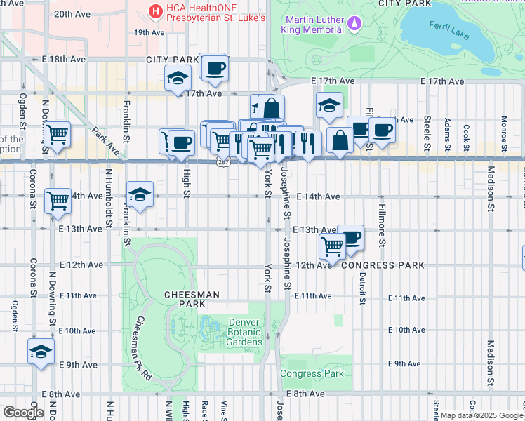map of restaurants, bars, coffee shops, grocery stores, and more near 1355 York Street in Denver