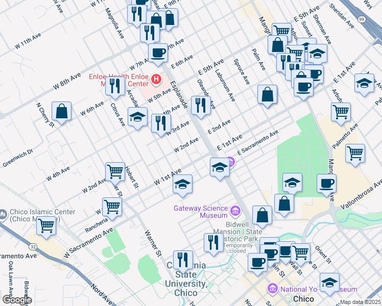 map of restaurants, bars, coffee shops, grocery stores, and more near 1134 Magnolia Avenue in Chico