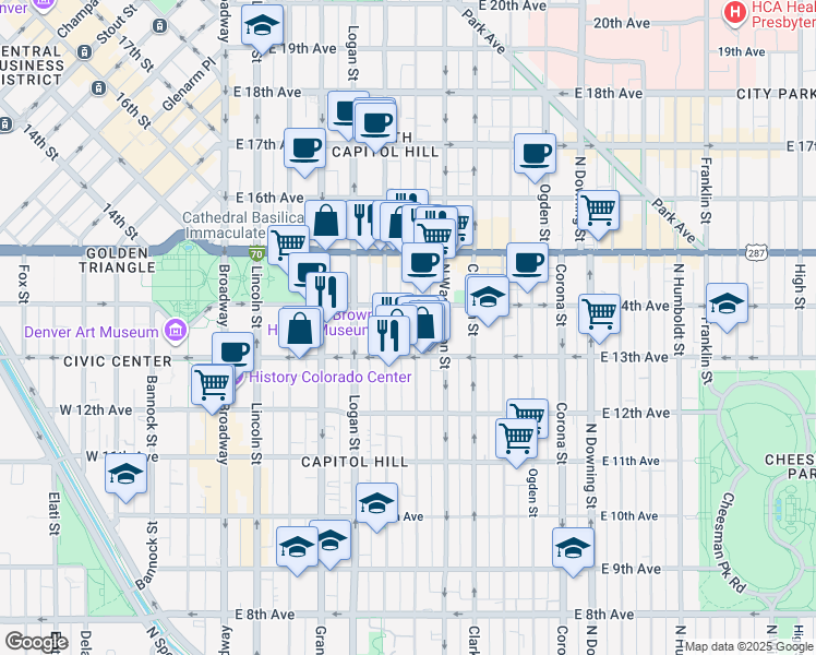 map of restaurants, bars, coffee shops, grocery stores, and more near 1355 Pearl Street in Denver