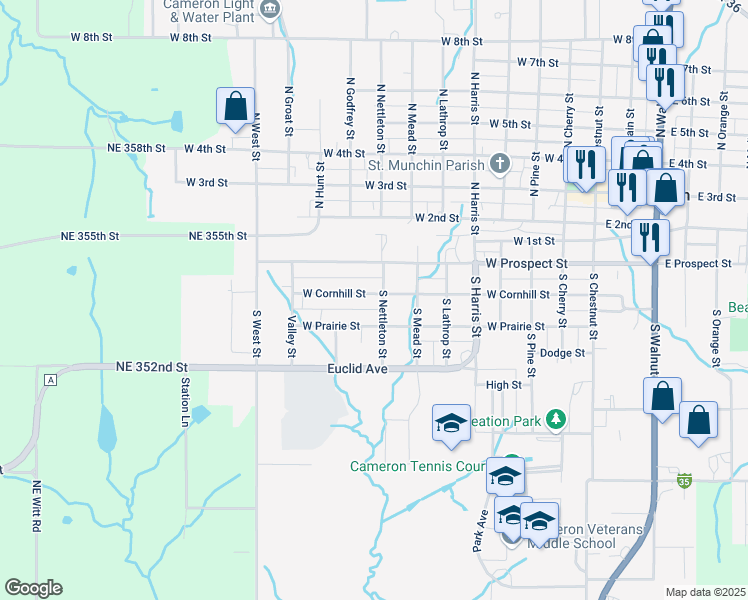 map of restaurants, bars, coffee shops, grocery stores, and more near 218 South Nettleton Street in Cameron