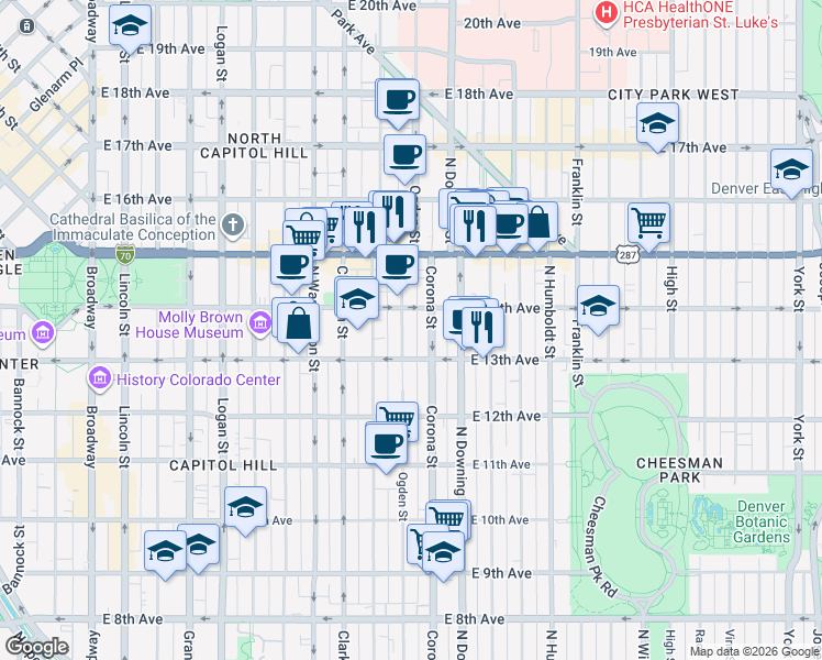 map of restaurants, bars, coffee shops, grocery stores, and more near 1365 Corona Street in Denver