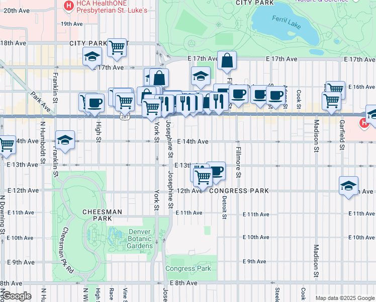 map of restaurants, bars, coffee shops, grocery stores, and more near 1350 Columbine Street in Denver