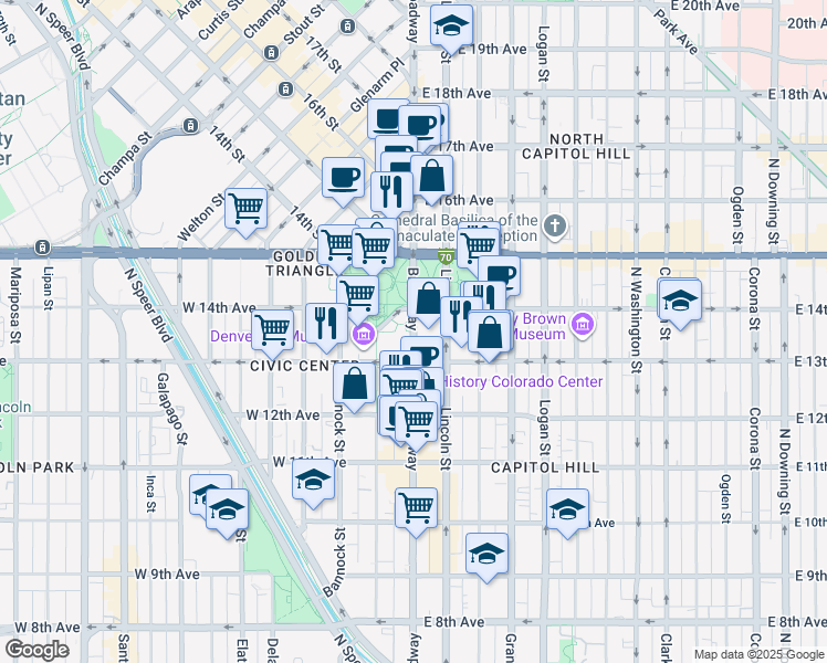 map of restaurants, bars, coffee shops, grocery stores, and more near 1357 Broadway Street in Denver