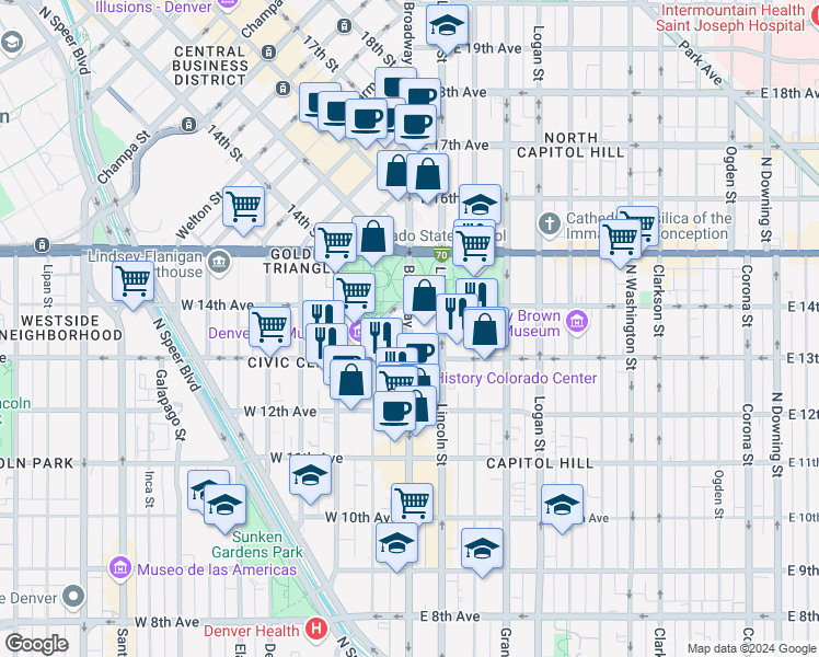 map of restaurants, bars, coffee shops, grocery stores, and more near 1357 Broadway Street in Denver