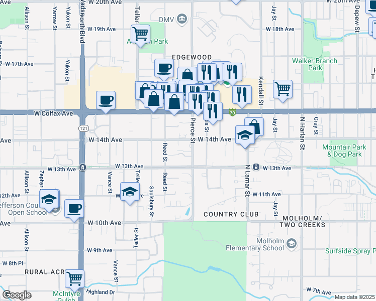map of restaurants, bars, coffee shops, grocery stores, and more near in Lakewood