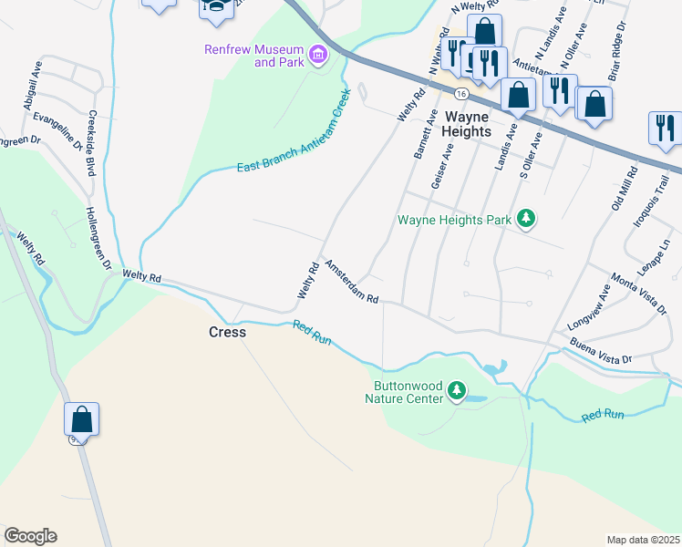 map of restaurants, bars, coffee shops, grocery stores, and more near Amsterdam Road in Waynesboro