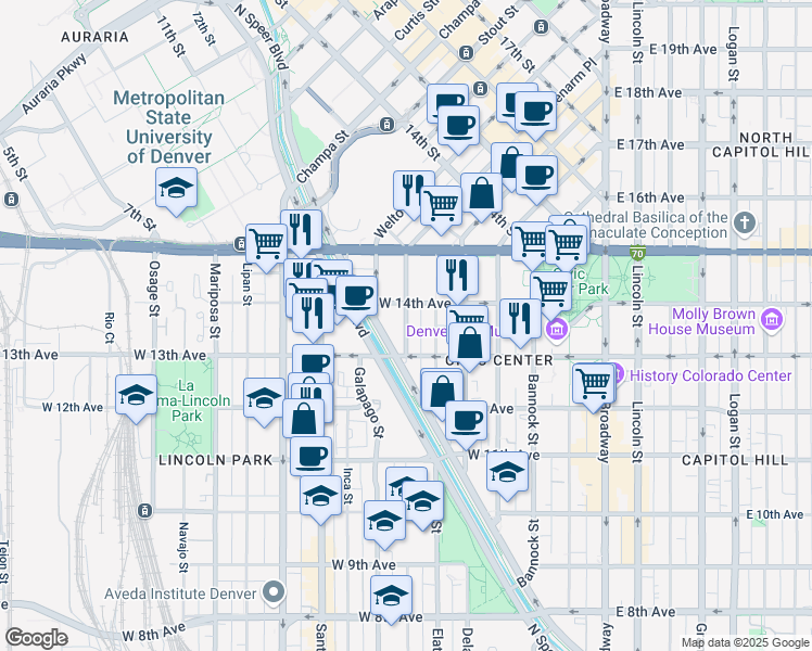 map of restaurants, bars, coffee shops, grocery stores, and more near 1357 Fox Street in Denver