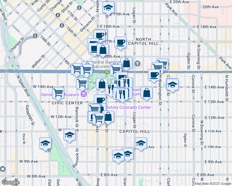 map of restaurants, bars, coffee shops, grocery stores, and more near 1341 Sherman Street in Denver