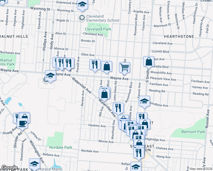 map of restaurants, bars, coffee shops, grocery stores, and more near 2022 King Avenue in Dayton